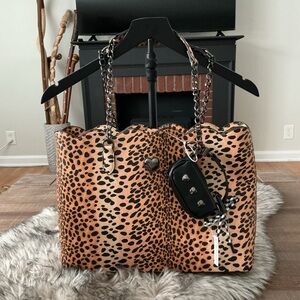 Betsy Johnson On the Prowl Leopard Print Tote Bag Faux Leather Chain Handles